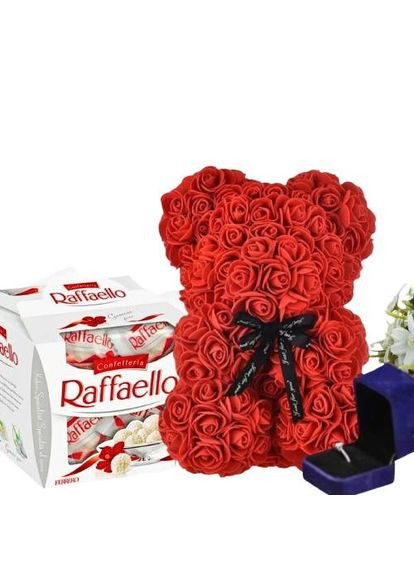 Подарунковий набір для жінок Ведмедик з троянд 30см Raffaello цукерки червоний (2090045140) No Brand (324744507)