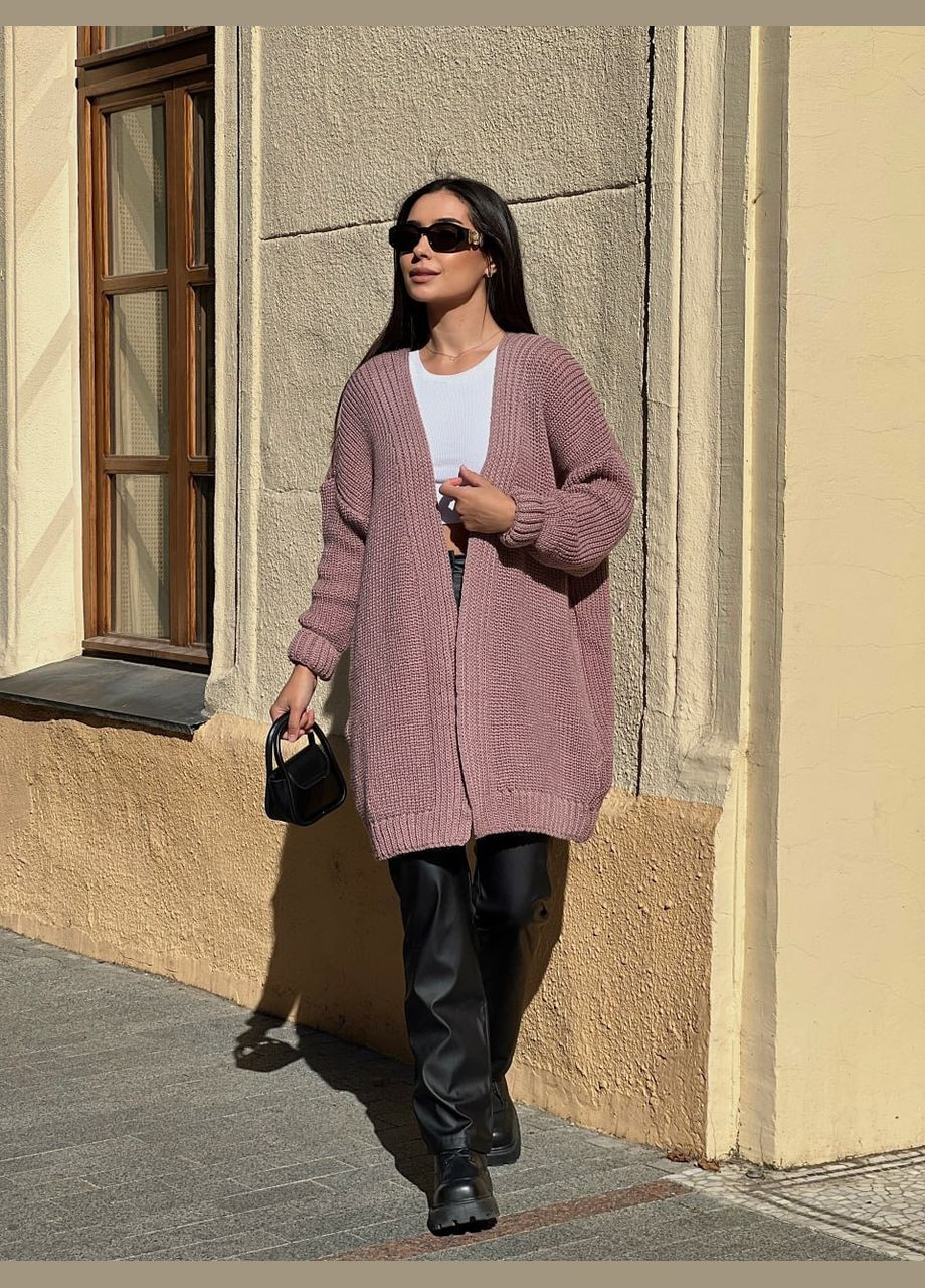 Пудровый женский женский полушерстяной кардиган пудрового цвета 31458 Fashion однотонный - демисезонный