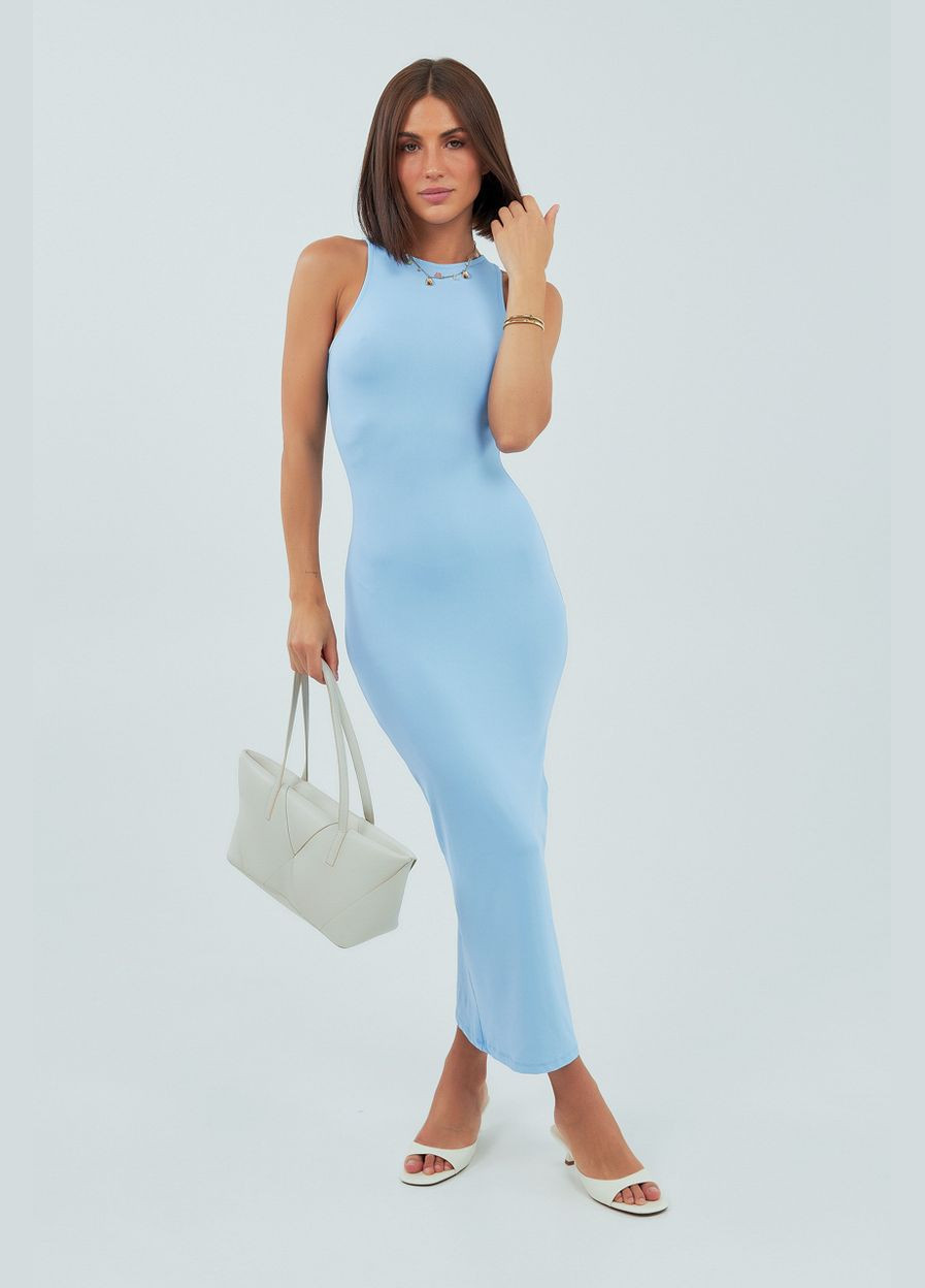 Блакитна довга еластична сукня без рукавів Lurex