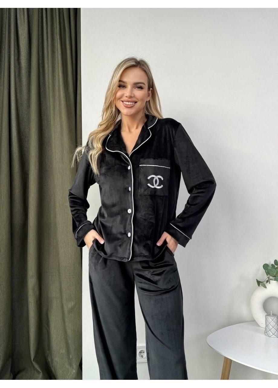 Чорна всесезон піжама з турецького велюру з вишивкою — заміри в описі сорочка + брюки GD/GL Модний простір