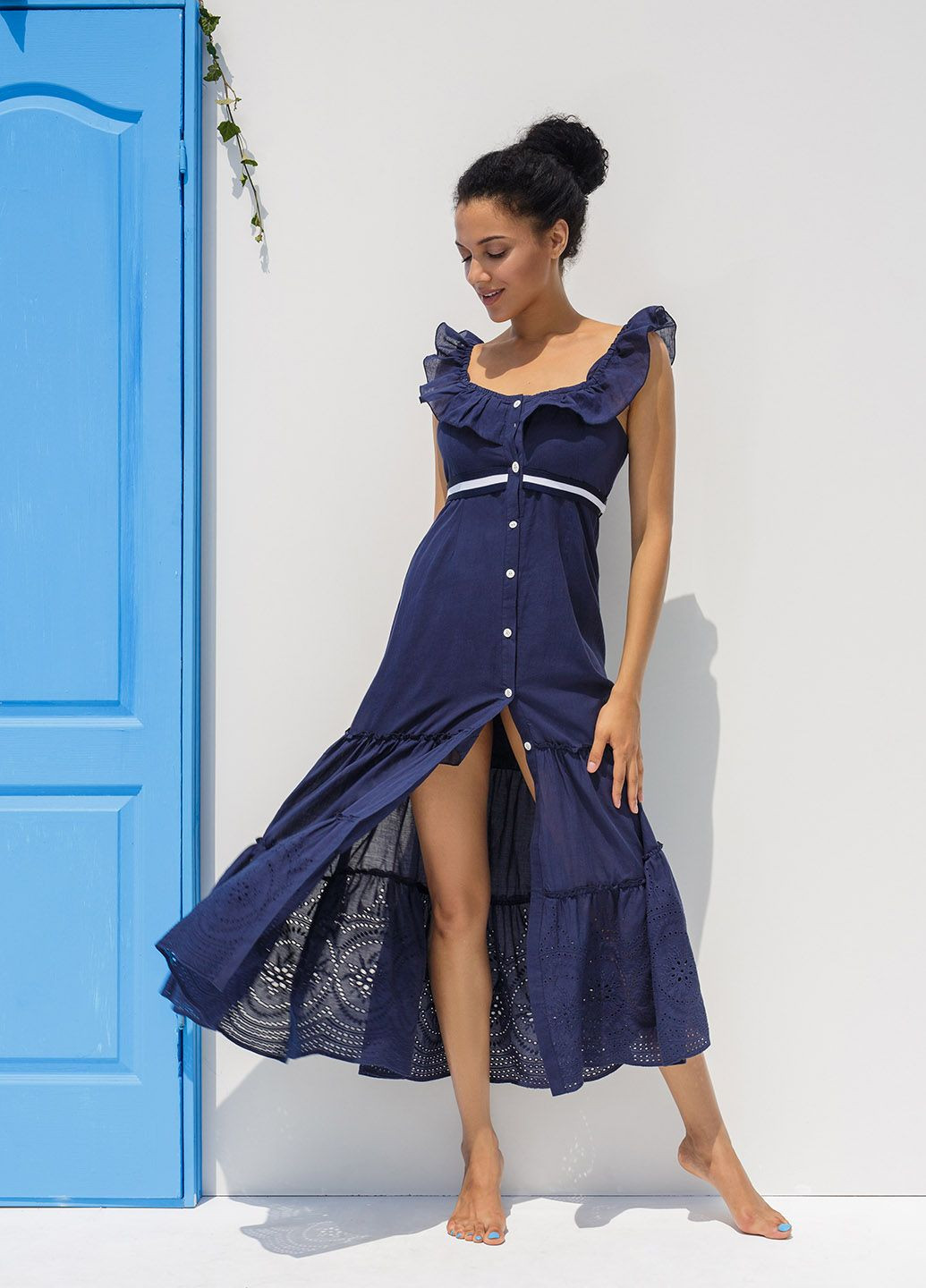 Темно-синее кэжуал длинное платье темно-синего цвета в морском стиле. ORA однотонное