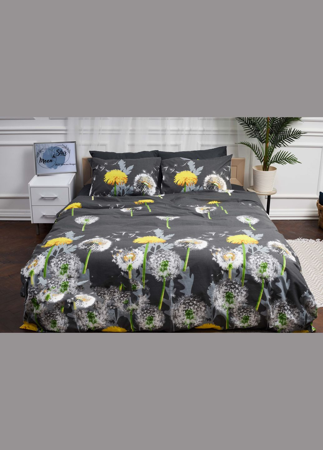 Комплект постільної білизни полуторний євро 160х220 наволочки 4х50х70 Бязь Gold Люкс (MS-820000928) Moon&Star Dandelion Black (285717228)
