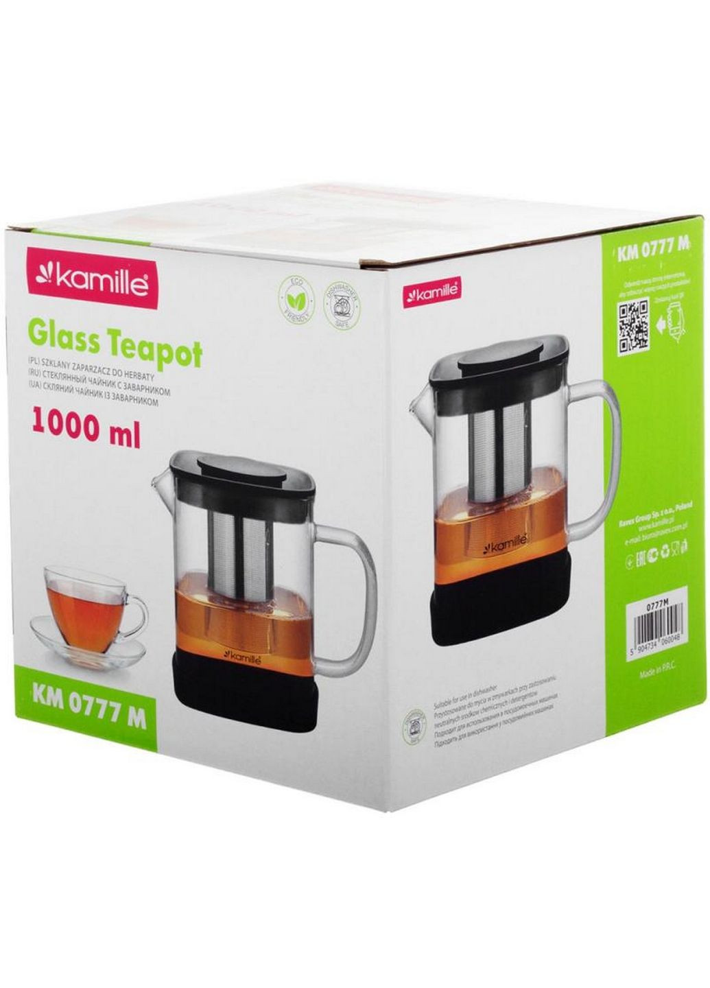 Чайник скляний заварювальний зі знімним ситечком 1000 мл Kamille (289464809)