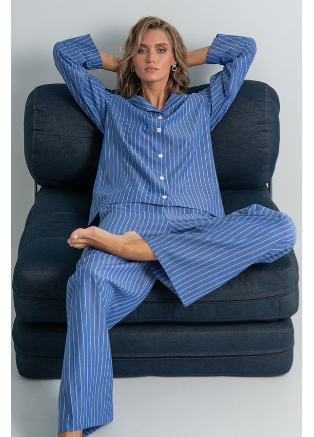 Синяя всесезон пижамный хлопковый костюм с брюками ocean strip Forly