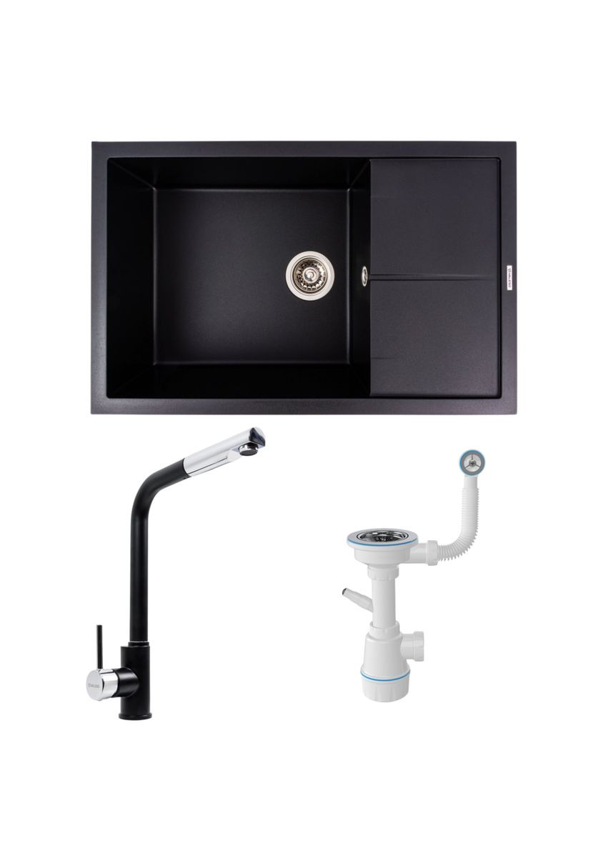 Комплект: Мойка гранитная 7950 CALYPSO + Смеситель Q411MB + Сифон (Черный) Valeso (353495480)