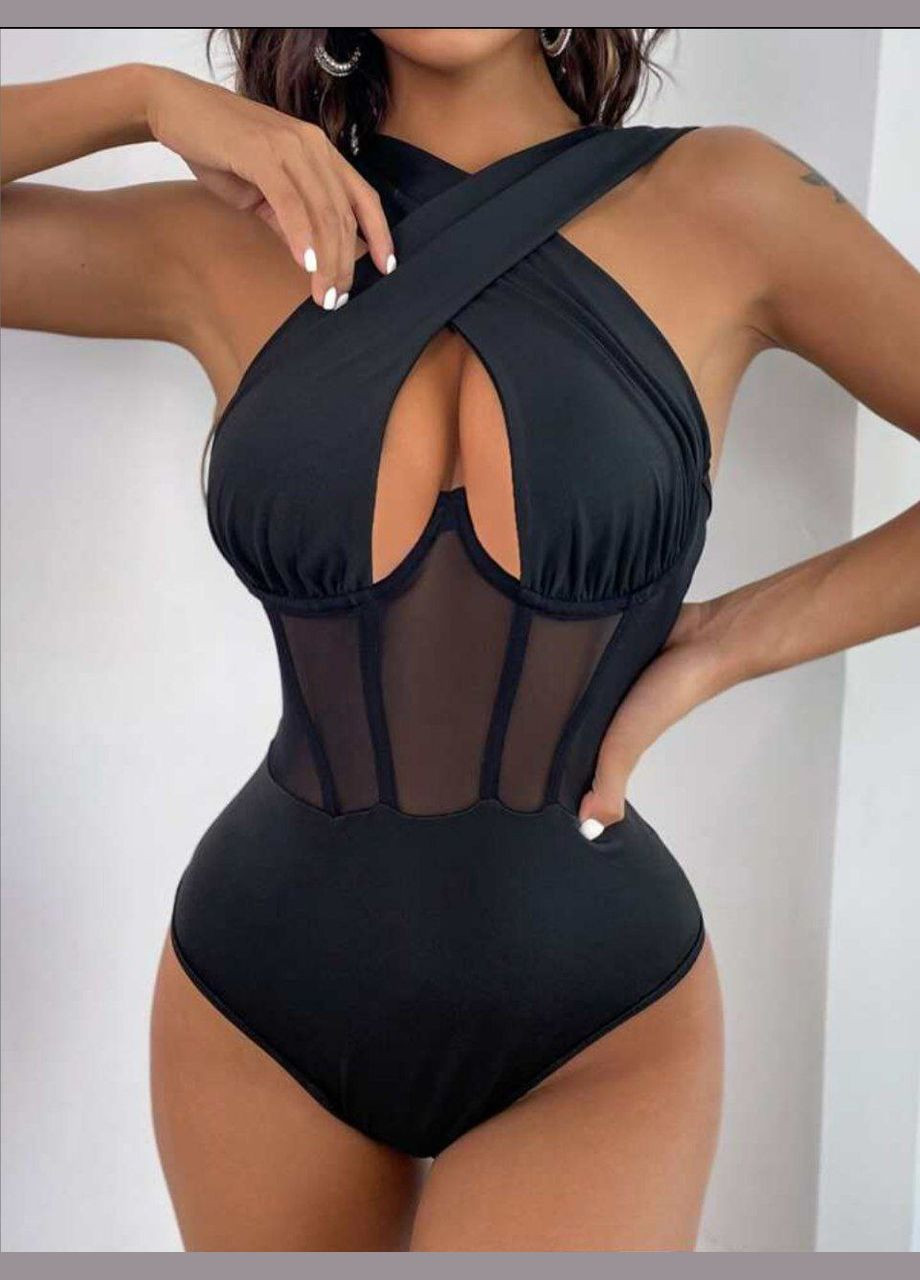 Боди женский с широкими шлейками на груди с прозрачными вставками черный No Brand Персефона (323167811)