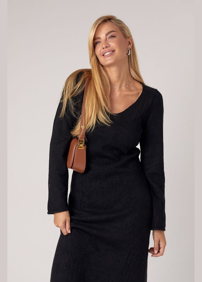 Чорна повсякденний довга в'язана сукня з v-подібною горловиною 5883 Lurex