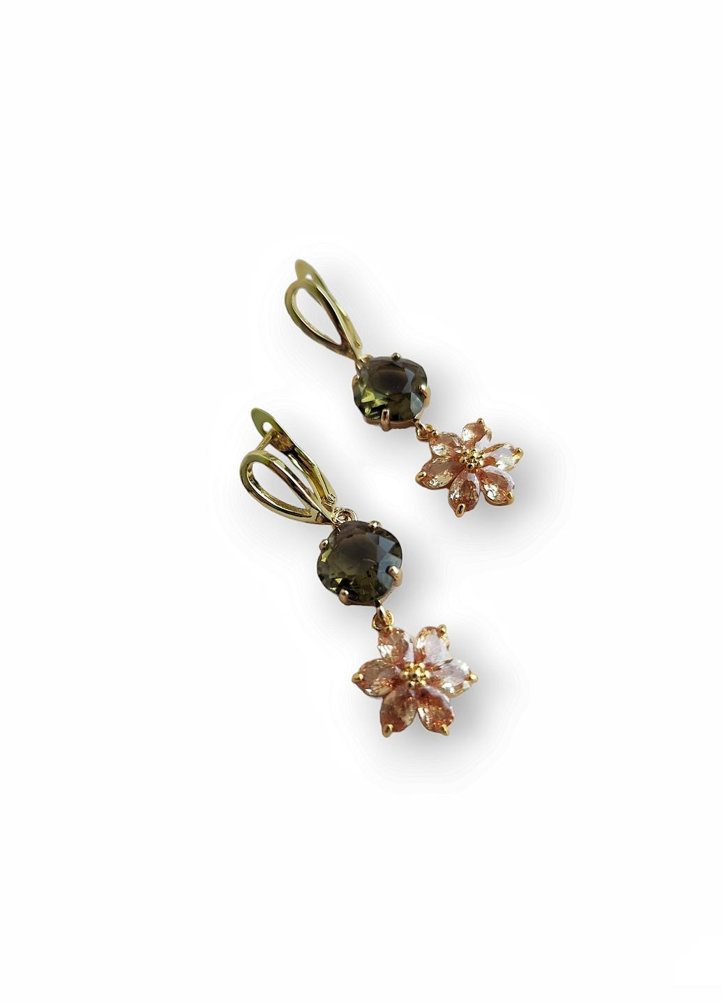 Сережки з підвіскою квітка та фіанітами оливково-золотистого кольору (SB-0055) Ksenija Vitali (290187198)
