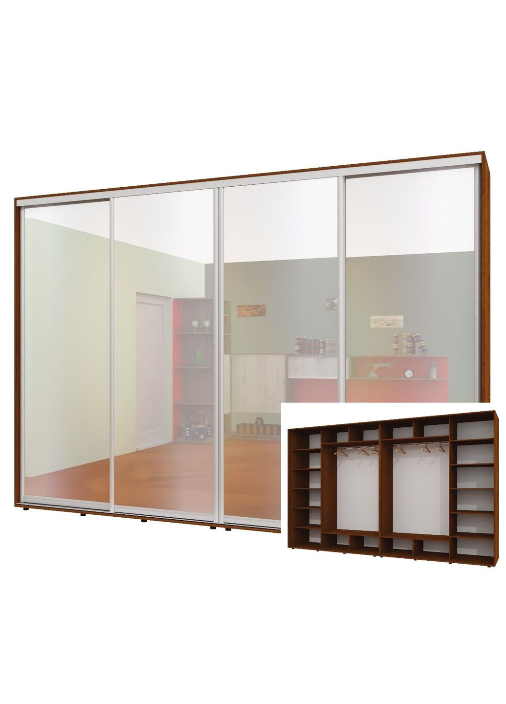 Шафа-купе чотиридверна 350*60*230 см Горіх лісовий 4 двері Дзеркало ШК-02 Алекса (360478320)