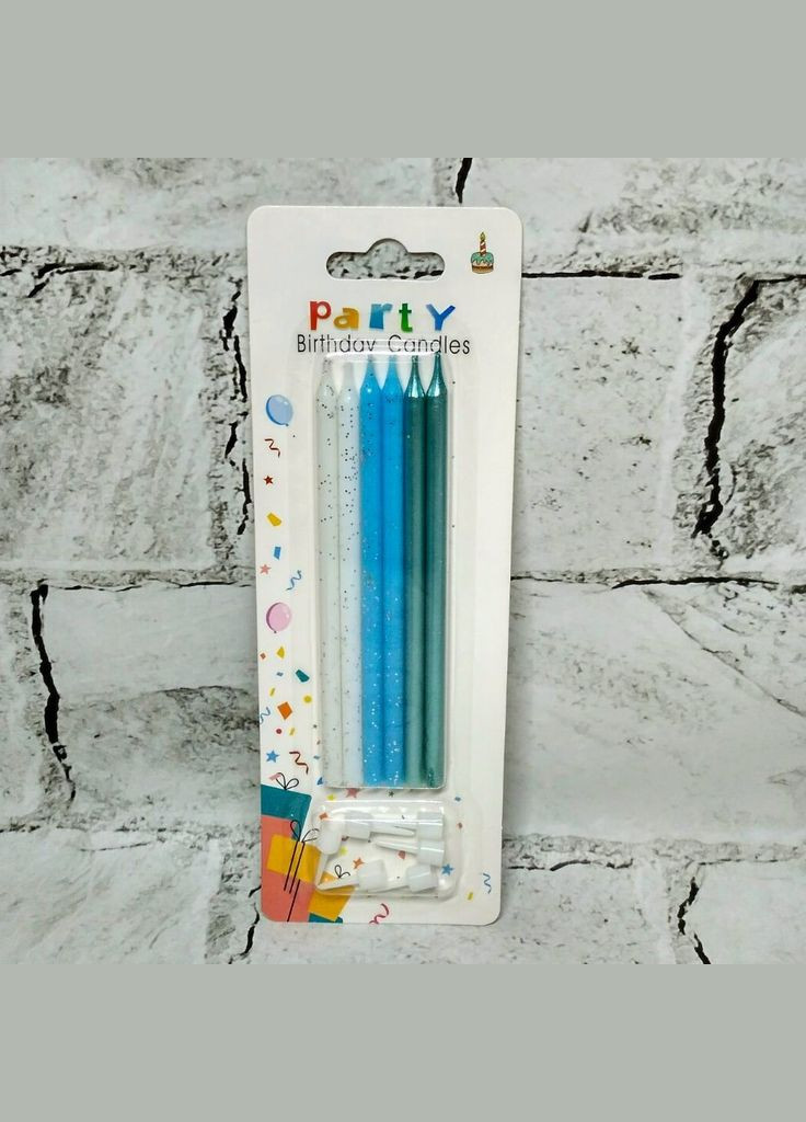 Свічки для торта довгі набір 6 шт висота 12,5 см Блакитний Білий в блискітках No Brand (328925498)
