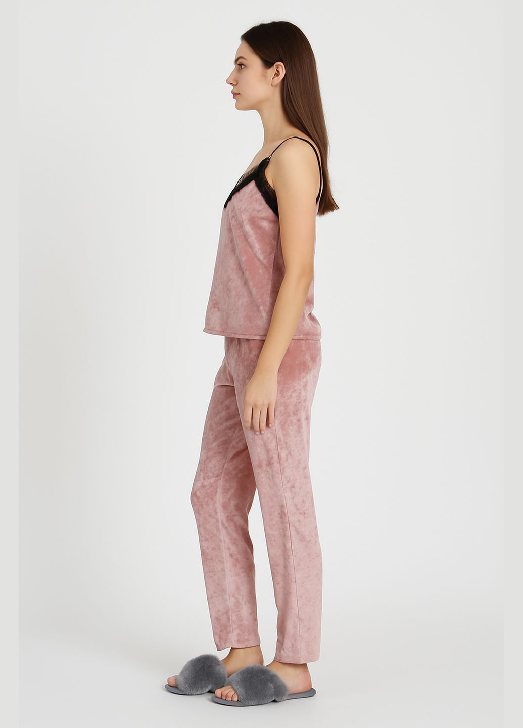 Персиковая женская пиджама велюровая брюки и майка персик Modashoping