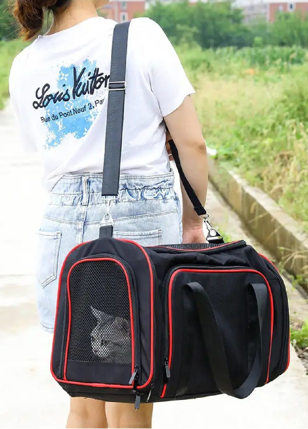 Сумка переноска для транспортировки животных кошек собак с вентиляцией 78x47x29 см размер L (477343-Prob) Черная с красным Unbranded (299193458)