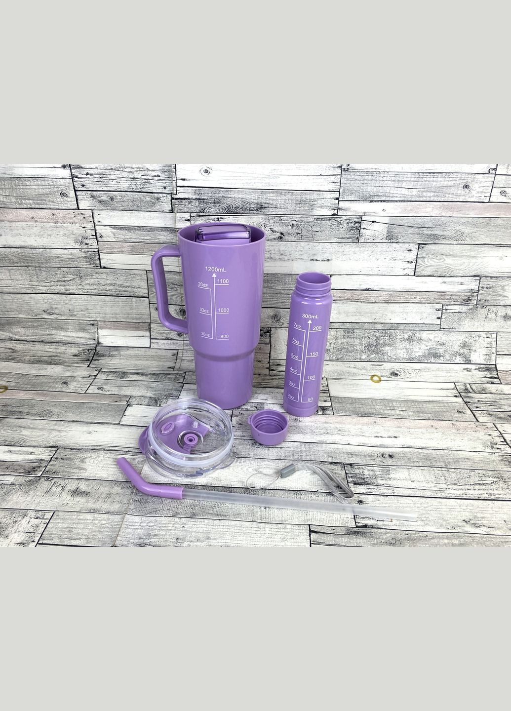 Велика кружка з ручкою та трубочкою + спортивна пляшка з трубочкою + пляшка з кришкою набір 3 в 1 фіолетовий No Brand 3780 (314497213)