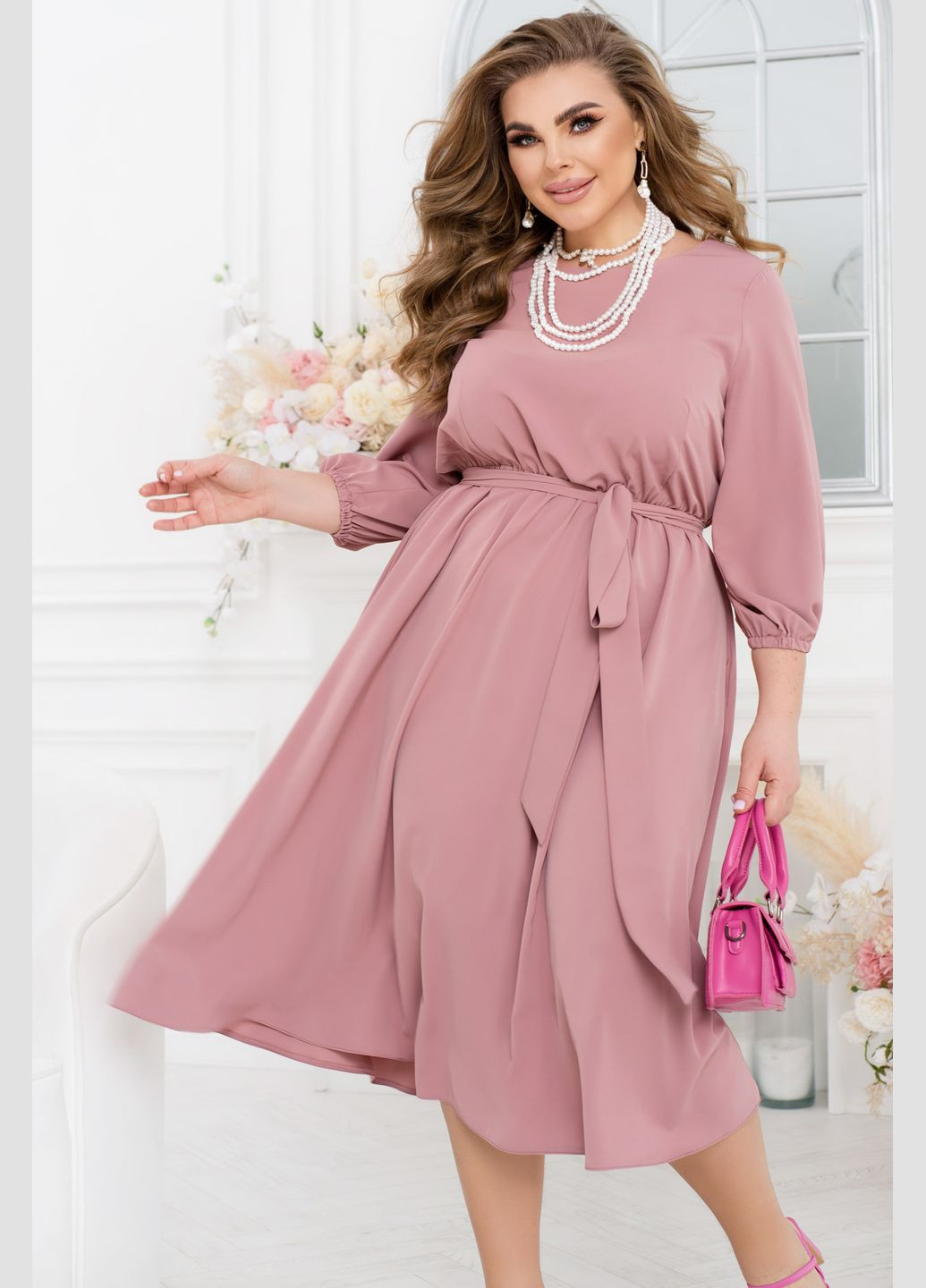 Розово-лиловое повседневный монохромное платье колокол No Brand однотонное
