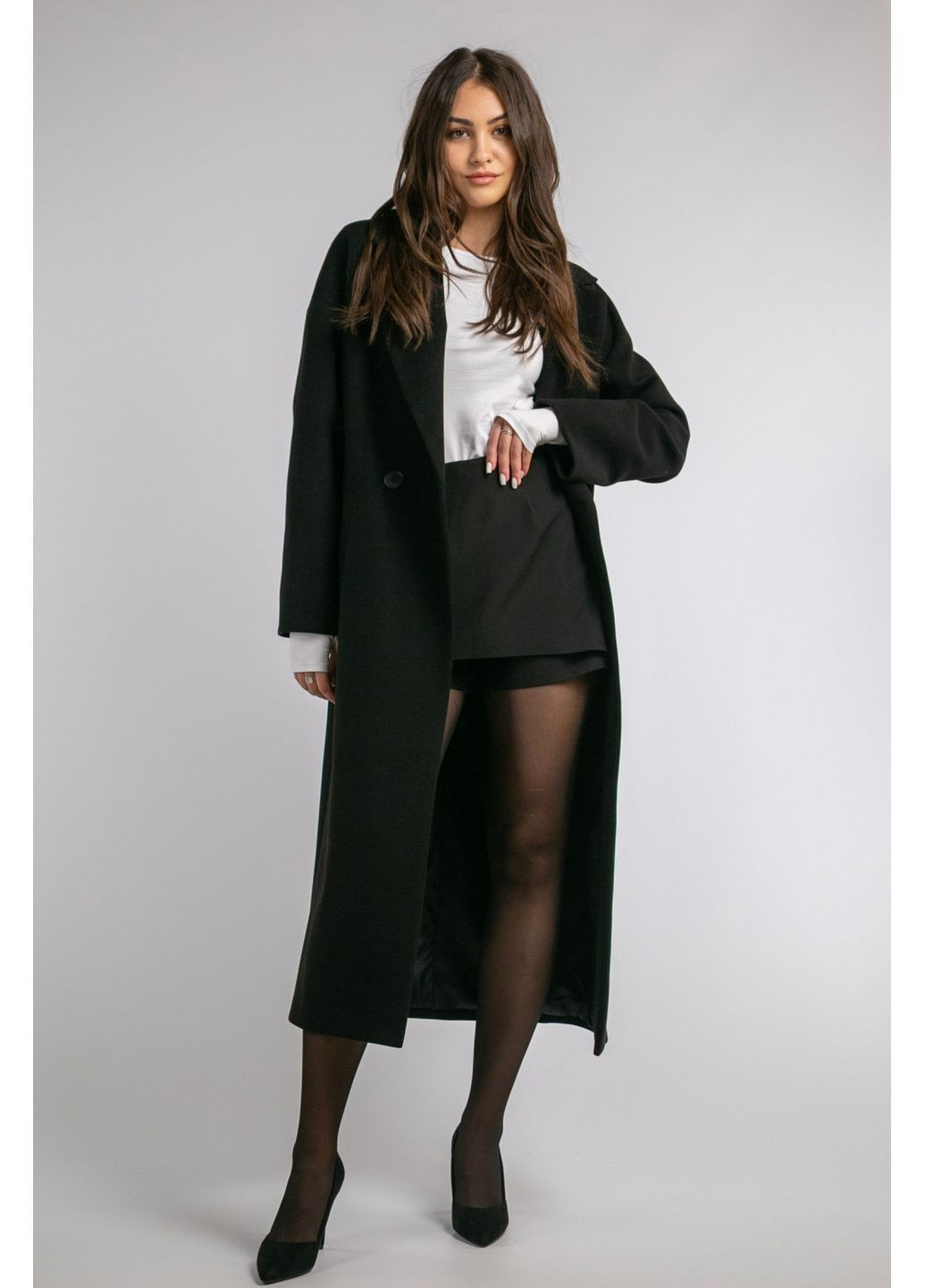 Чорне зимнє Пальто зимове оверсайз максі двобортне CHICLY