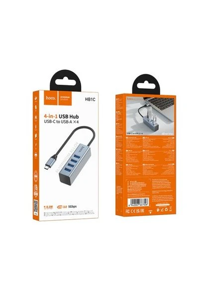 USB HUB HB1C 4-in-1 converter(Type-C to USB3.0*4) Metal сірий Hoco (385853960)