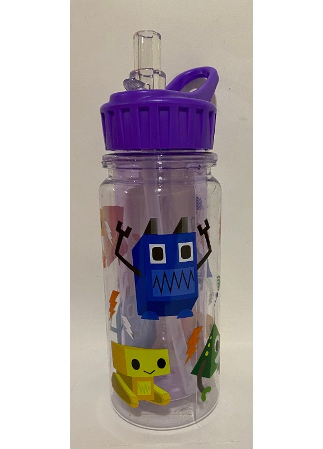Бутылочка детская для воды 350 мл с трубочкой Робот,фиолетовая 1215 No Brand (291161865)