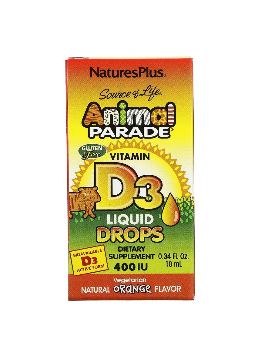 Витамин D3 400 МЕ для детей, Вкус апельсина, Animal Parade, Vitamin D3 Liquid Drops, 10 мл капли Natures Plus (325401174)