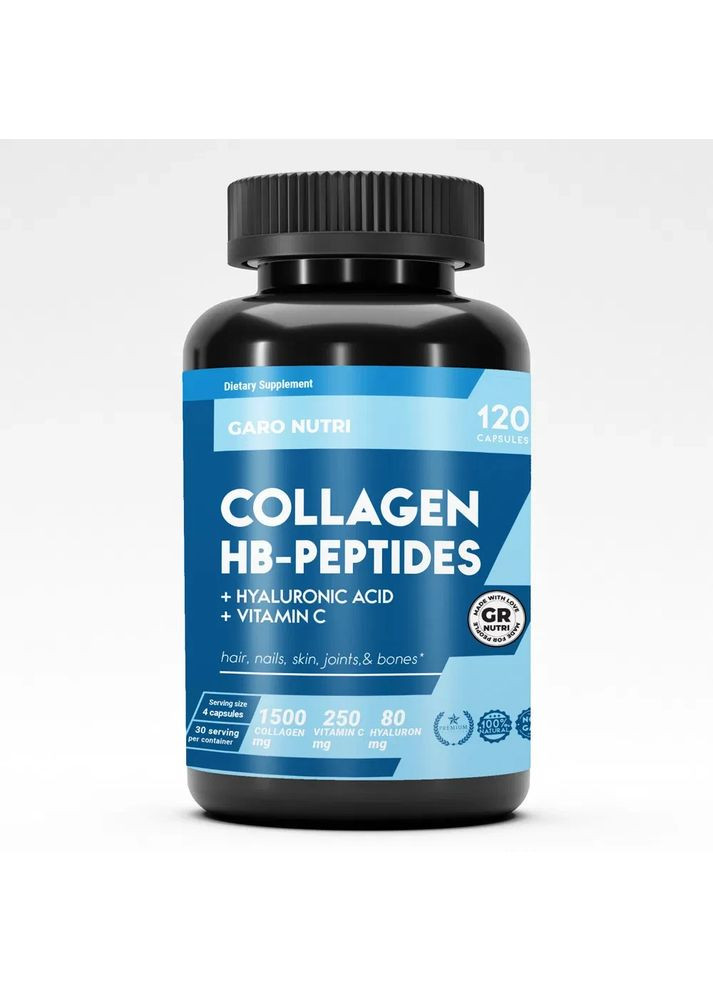 Яловичий колаген із гіалуроновою кислотою та вітаміном С 1830 мг 120 капсул Garo Nutrition (361116030)