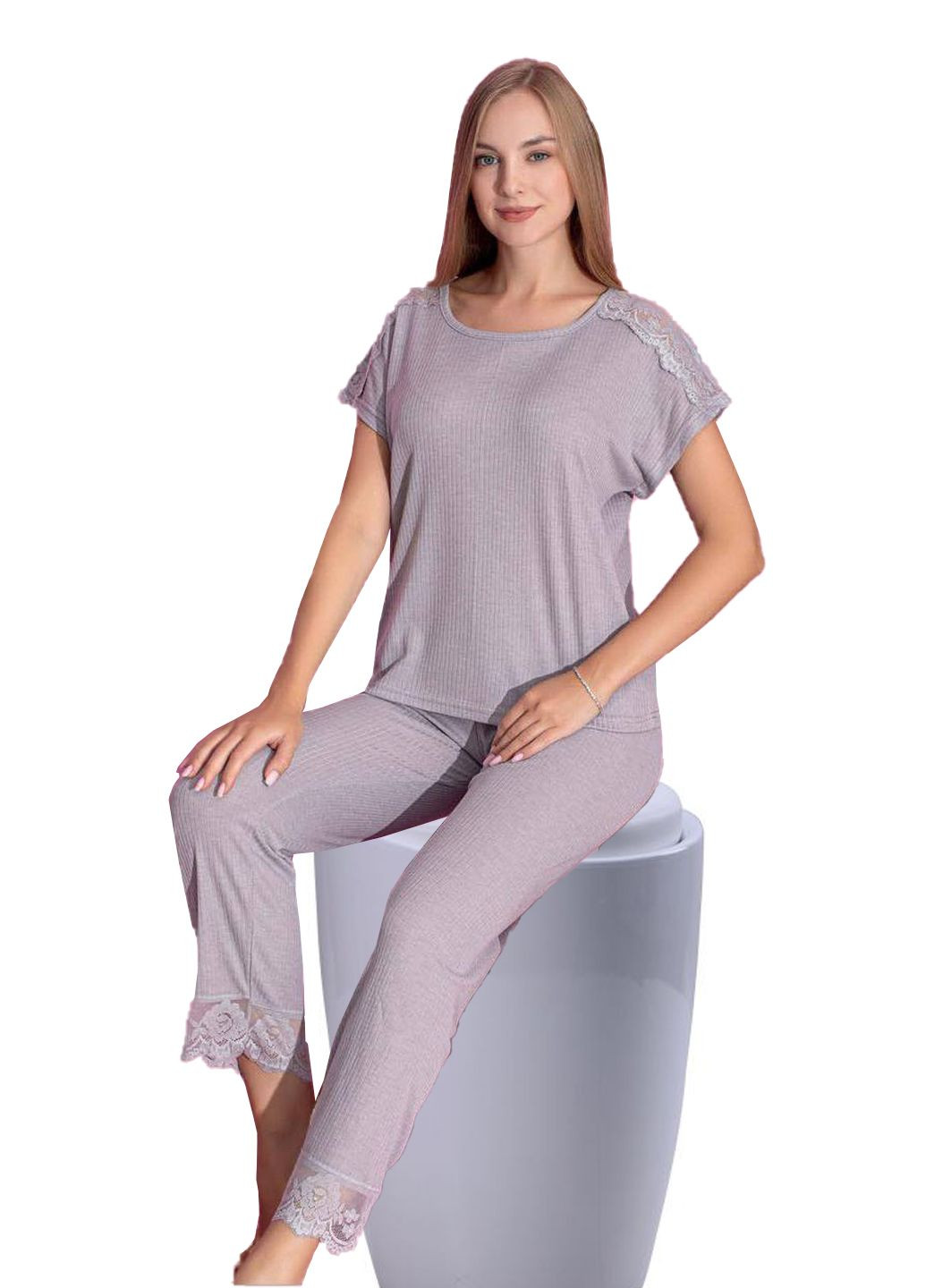 Сіро-бежева піжама жіноча бавовна футболка + штани No Brand