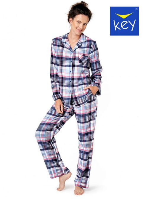 Блакитна зимня жіноча тепла фланелева піжама сорочка + брюки Key