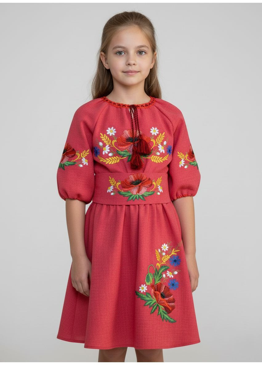 Красная красное вышитое платье для девочки колосок-василёк НоКо узор орнамент габардин (370886115)