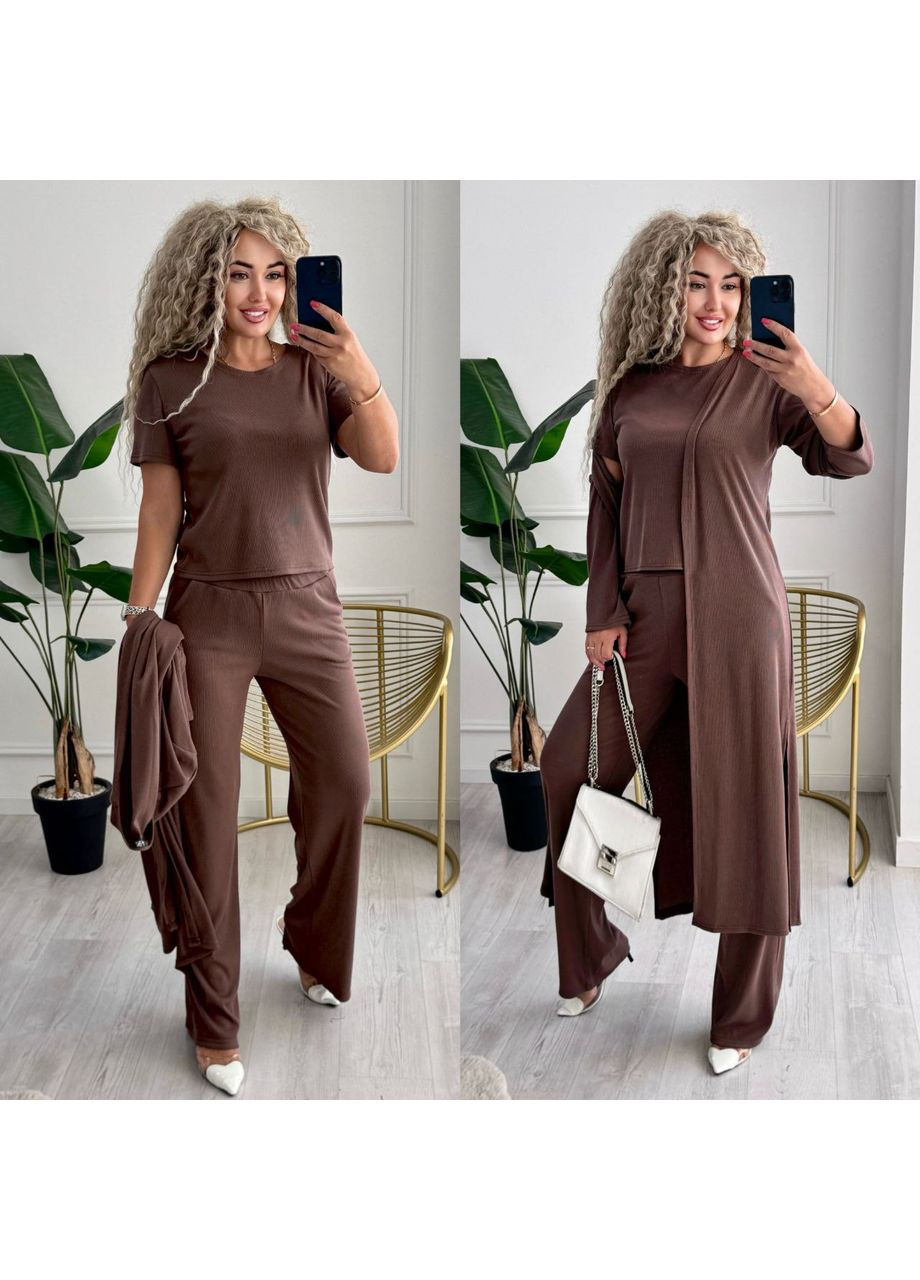 Женский костюм тройка в рубчик: кардиган + брюки + футболка MonCher (351554852)