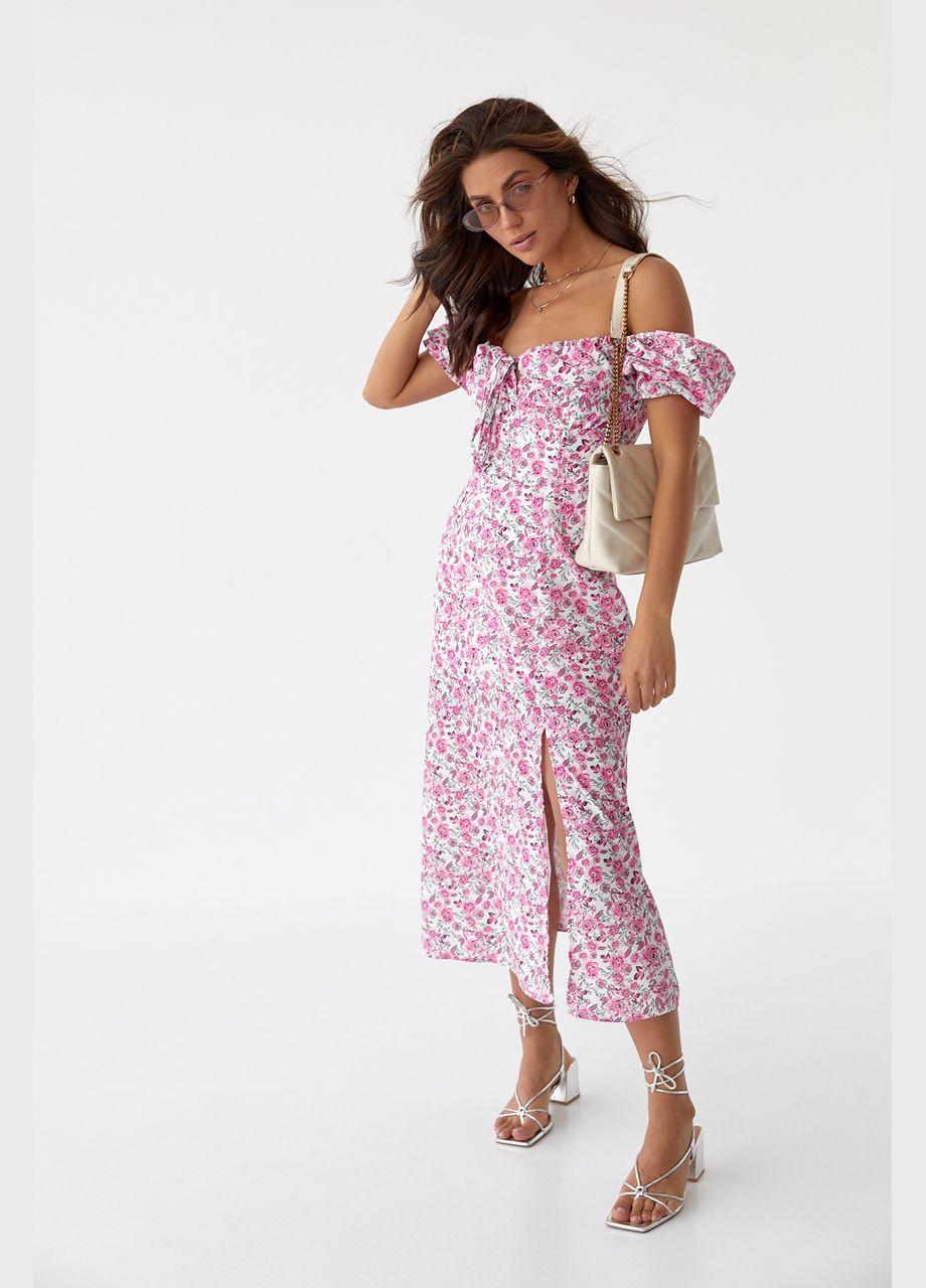 Розовое повседневный цветочное платье миди с разрезом 2266 Lurex с цветочным принтом