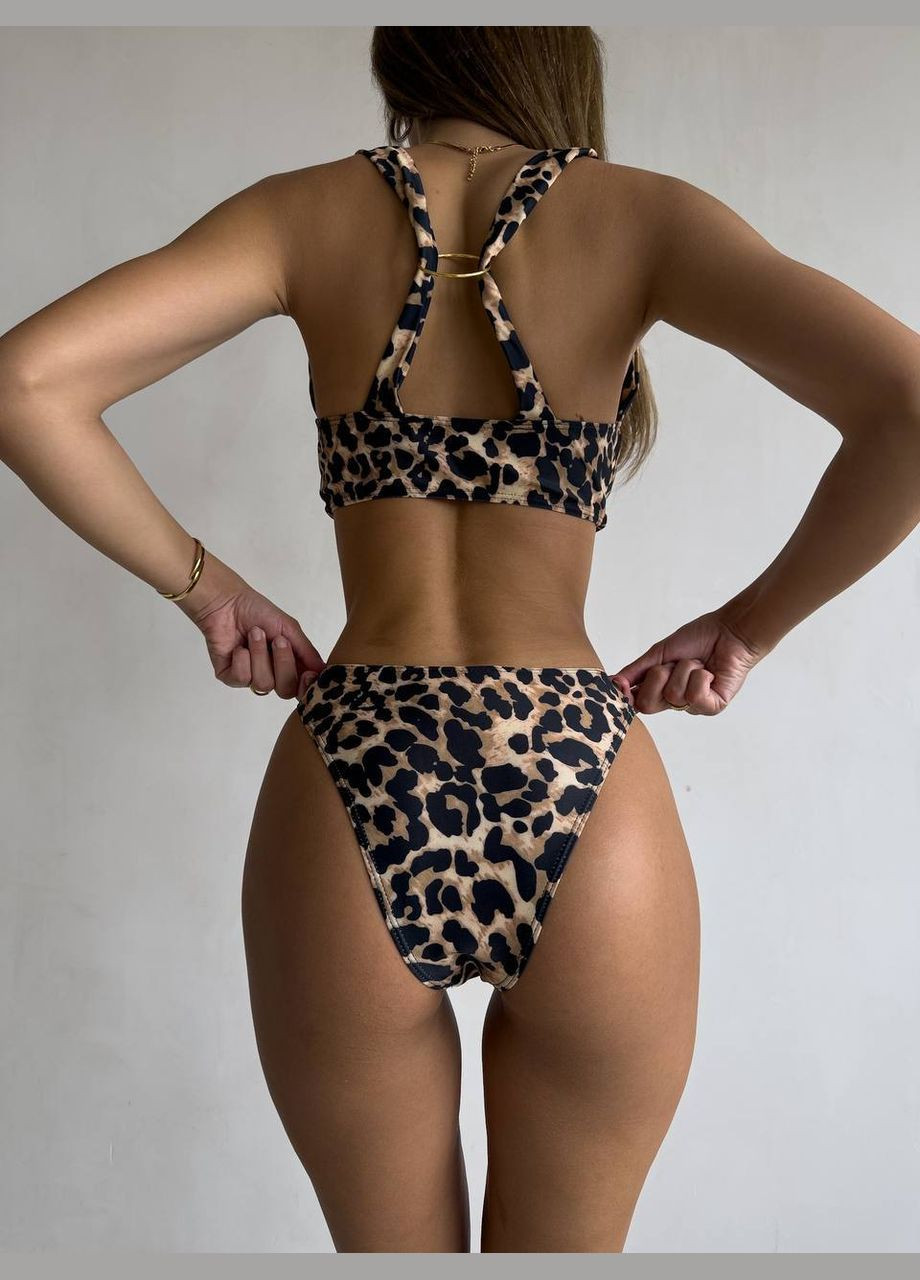 Коричневый женский раздельный купальник с металлическими кольцами panthera леопардовый No Brand