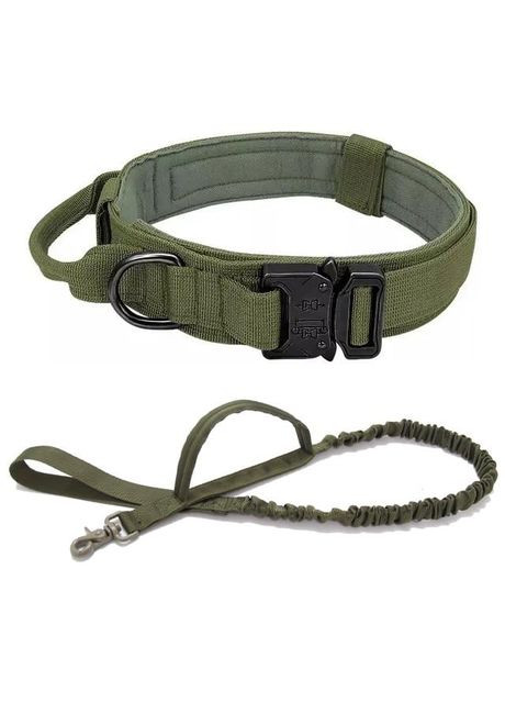 Комплект сверхпрочный тактический поводок + ошейник для собак зеленый размер No Brand (302372368)