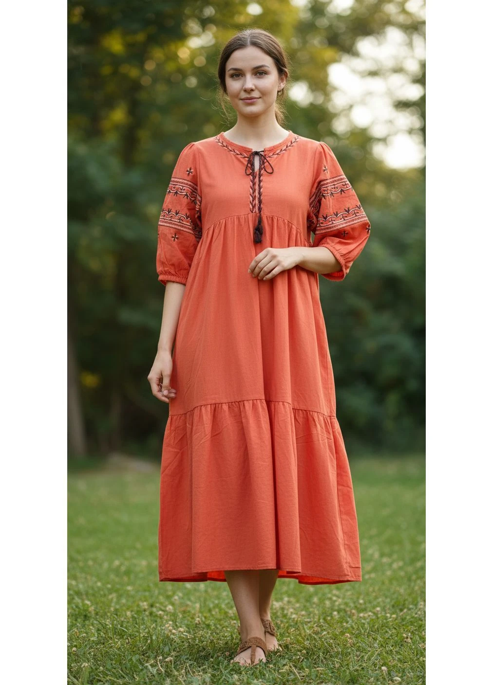 Терракотовая женское хлопковое платье-вышиванка с коротким рукавом терракотовое You Best (400477373)