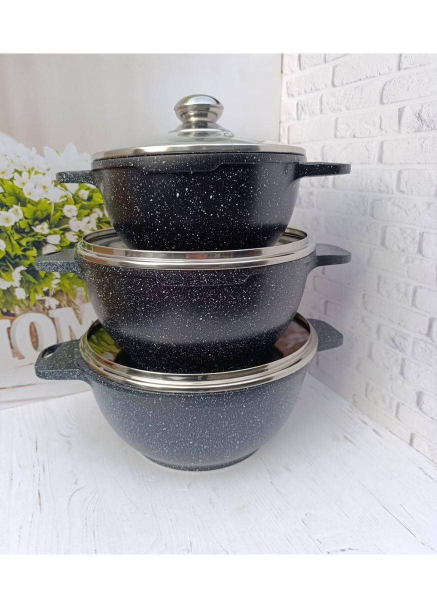 Набір каструль BN-386 з мармуровим антипригарним покриттям 6 предметів Чорний Benson (360648153)