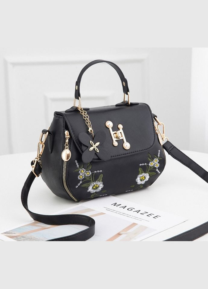 Жіноча міні сумочка з вишивкою квітковий принт екокожа чорна (sku_1075) No Brand (330576005)