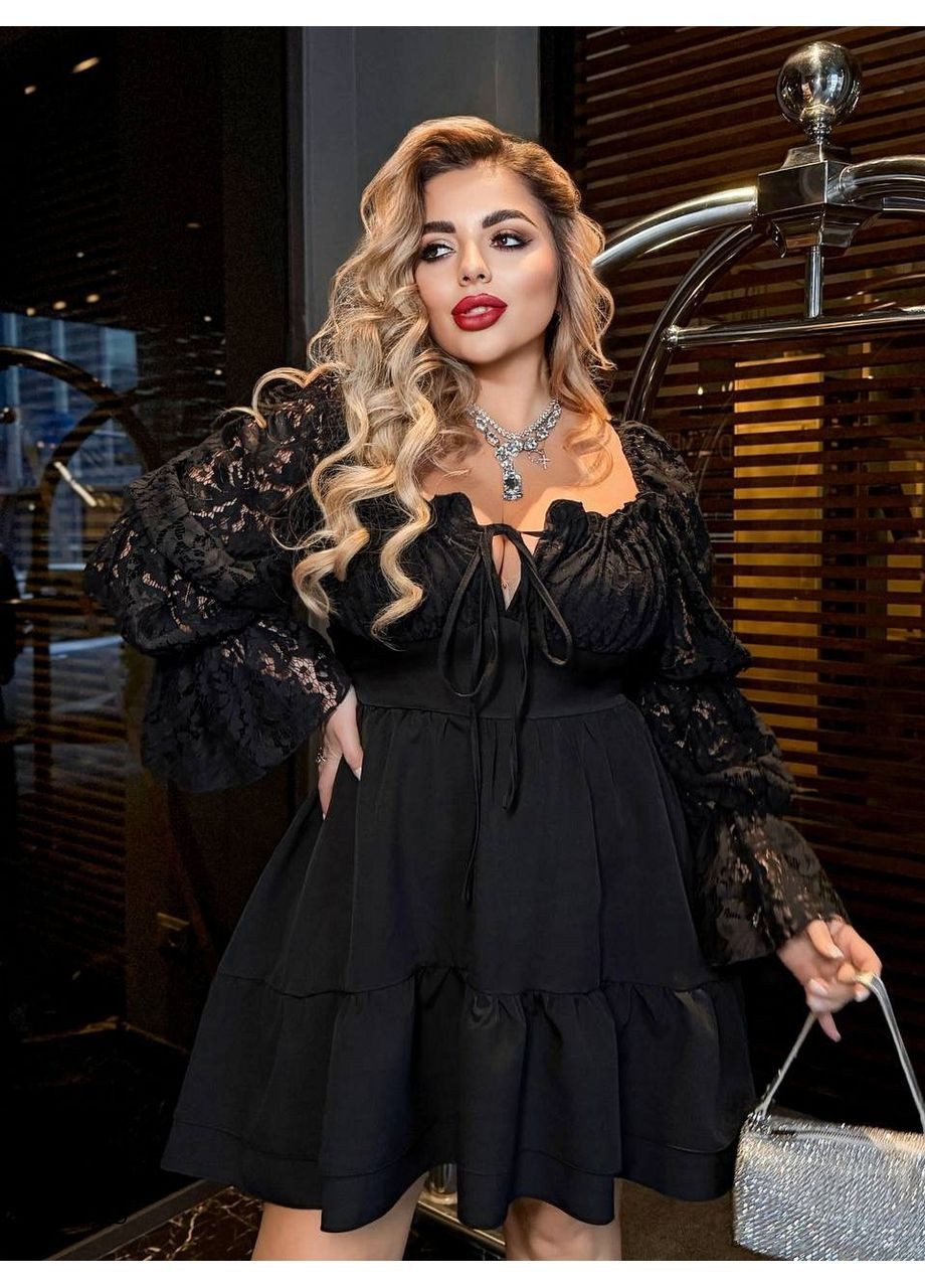 Черное вечернее платье мини с гипюровыми рукавами Byron однотонное