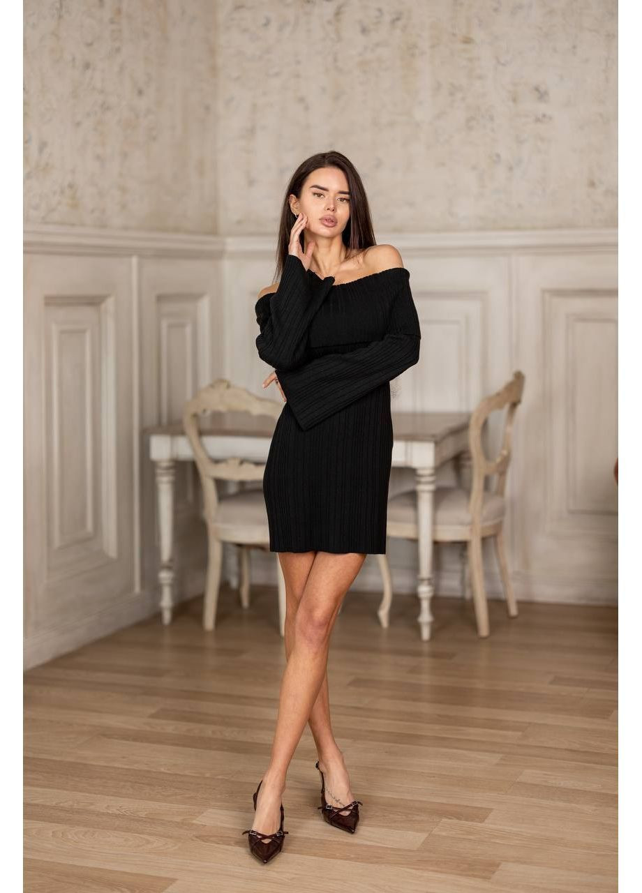 Чорна повсякденний жіноча в'язана сукня з відкритими плечима з відкритими плечима KaraMix однотонна