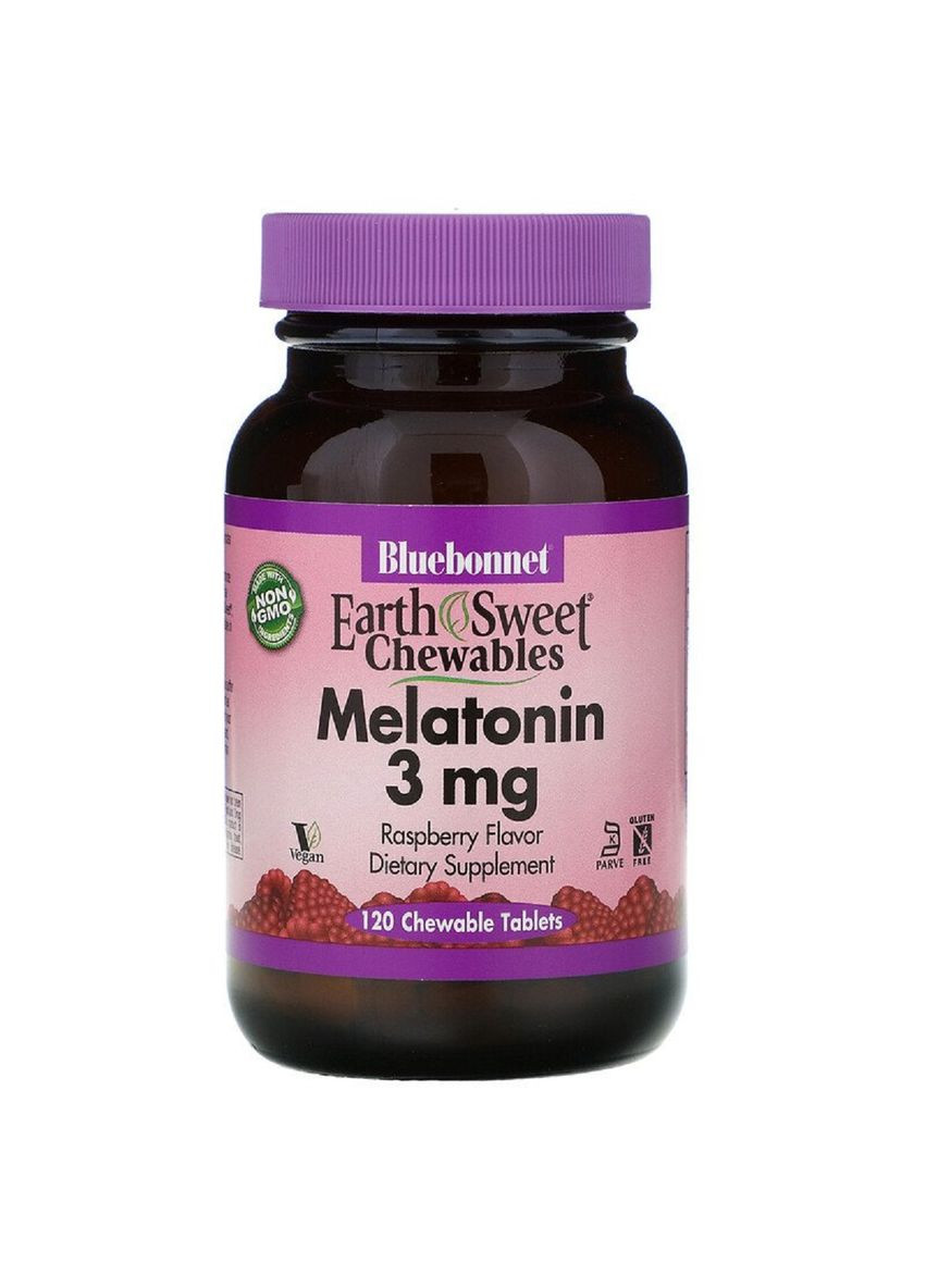 Мелатонін, Melatonin, 3 мг,, EarthSweet, Малиновий Смак, 120 жувальних таблеток Bluebonnet Nutrition (326055392)