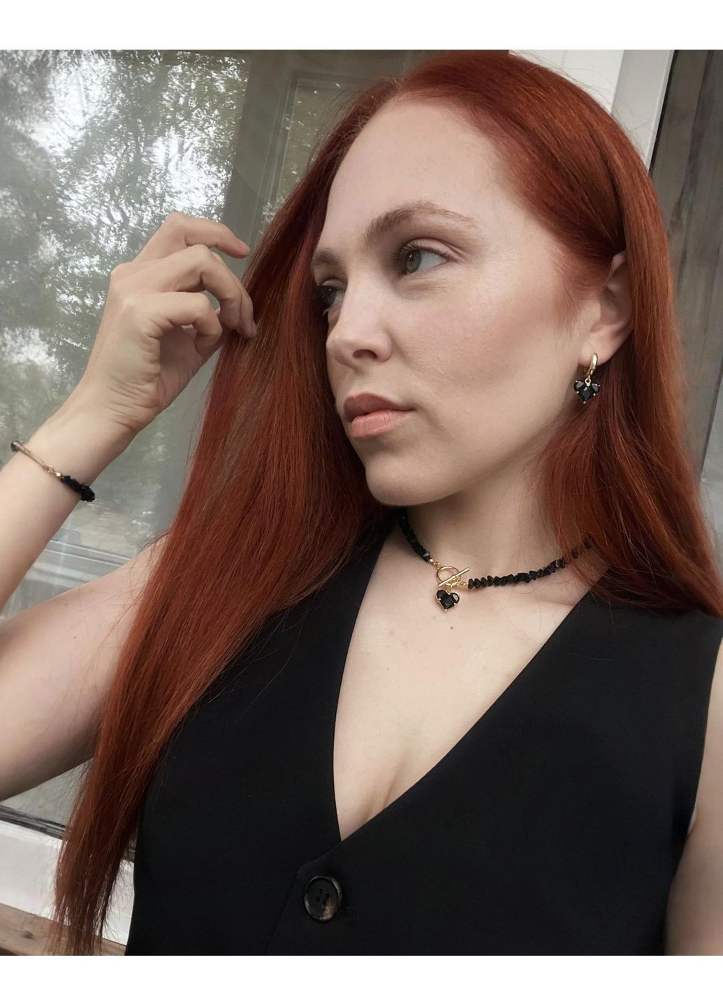 Колье из черного хрусталя с сердцем подвеской. Подарок No Brand (363020055)