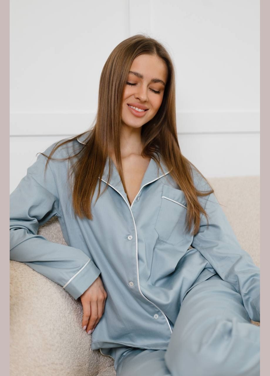 Голубая классическая пижама из натуральной ткани брюки и рубашка Shine