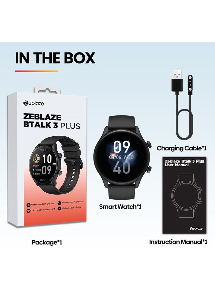 Смарт часы Btalk 3 Plus 1.39" HD Bluetooth звонки, пульсометр, SPO2, фитнес браслет – черный Zeblaze (351855100)