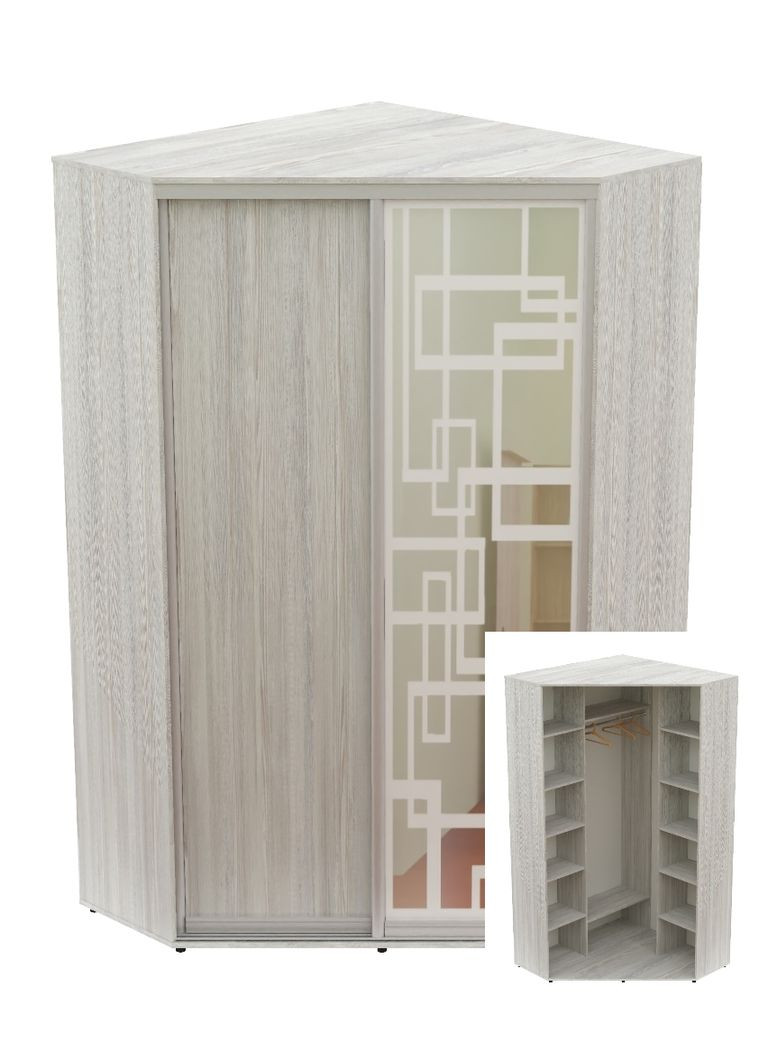 Шкаф-купе двухдверный угловой 130*130*230 Сосна Натти ДСП/Зеркало с пескоструйным рисунком Угол-3 Алекса (360441089)