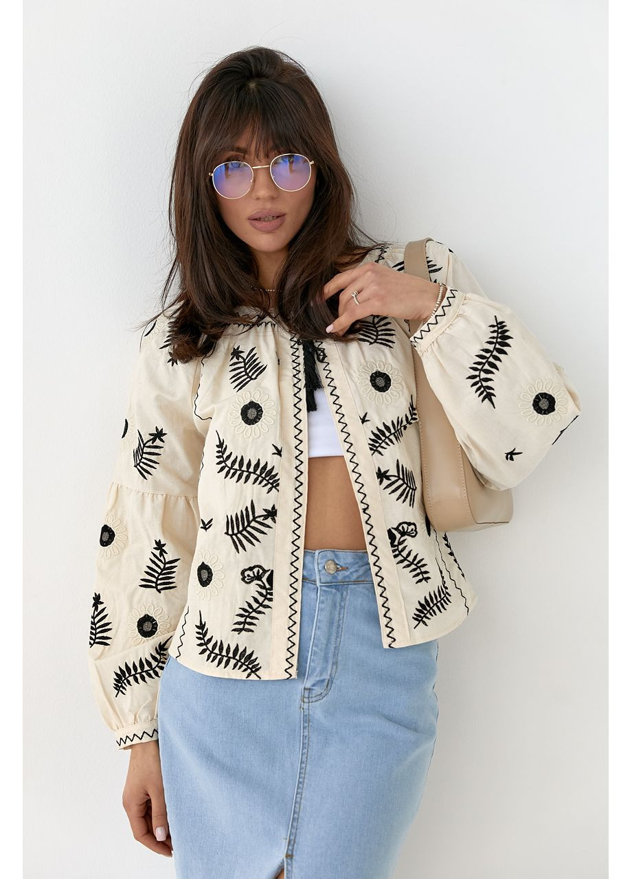 Бежевая хлопковая вышиванка-накидка с завязками ESQ свободная хлопок (354699918)