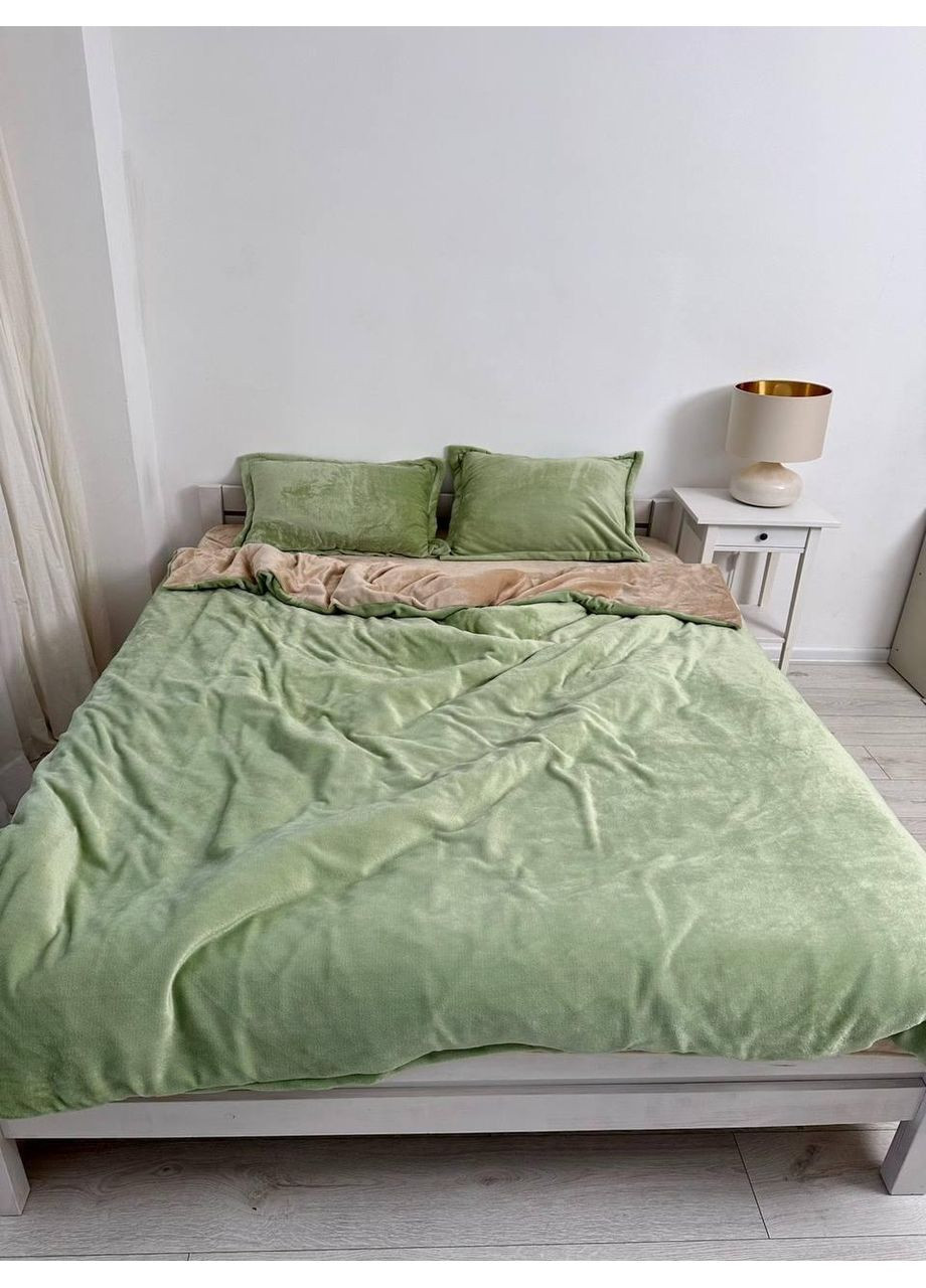 Постільна білизна з резинкою Бежевий + Оливковий, плюш Сімейний розмір, наволочки 70/70 No Brand (364219800)