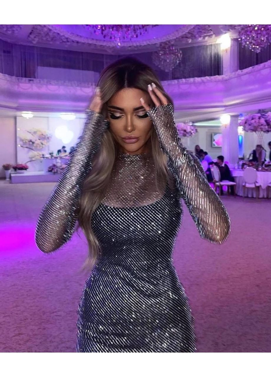 Серебристое праздничный платье-комплект 2в1 сетка со стразами + трикотажное платье мини MonCher