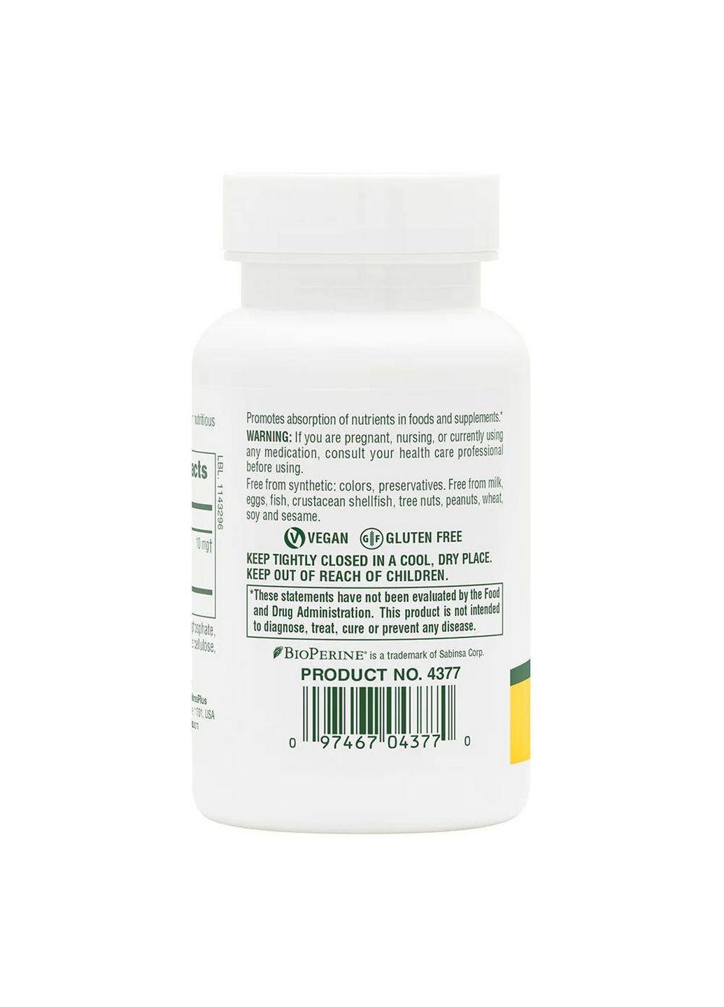 Натуральная добавка Bioperine 10 mg, 90 капсул Natures Plus (293338098)