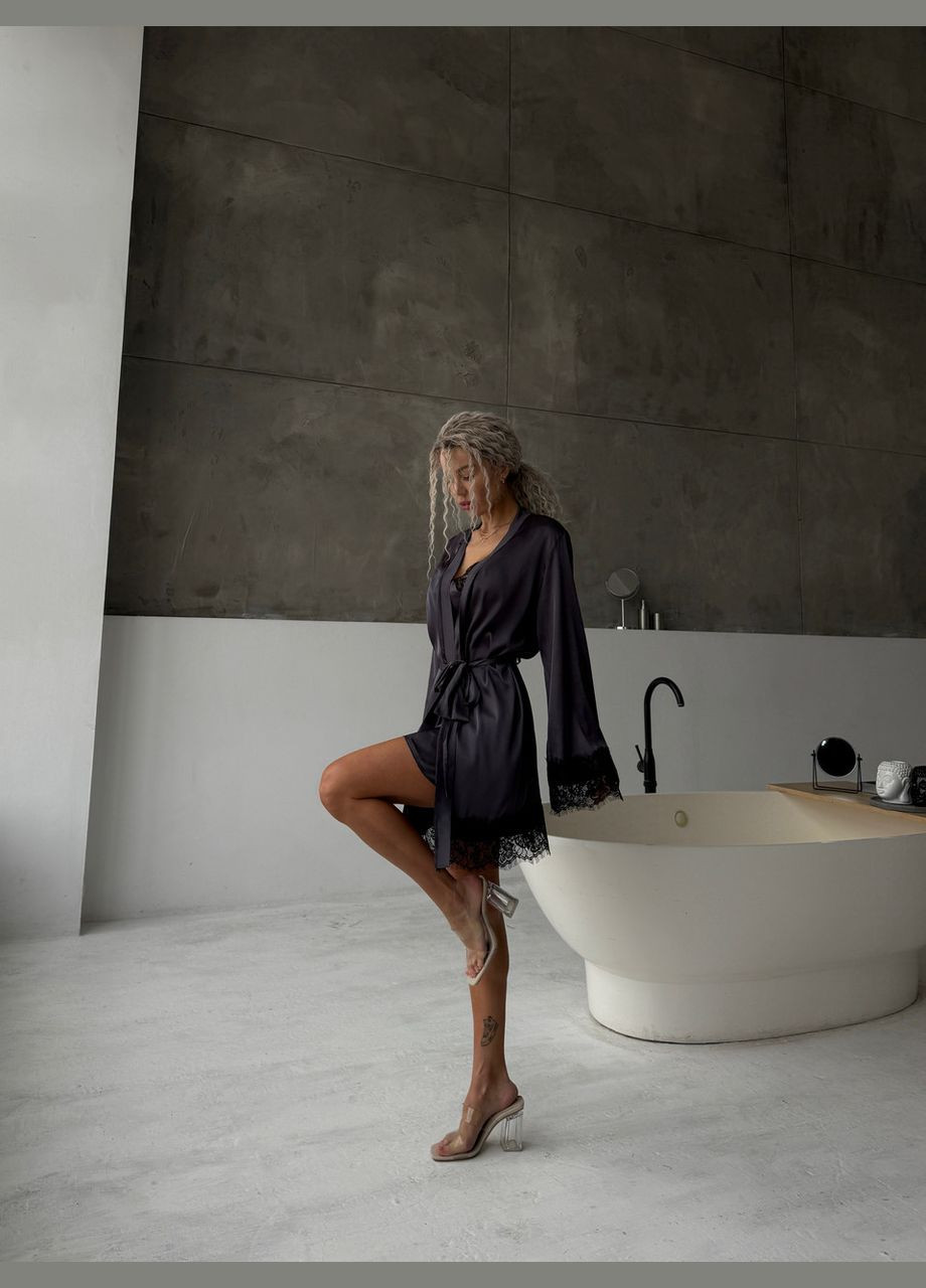 Халат жіночий шовковий з мереживом Графіт Maybel (322444356)