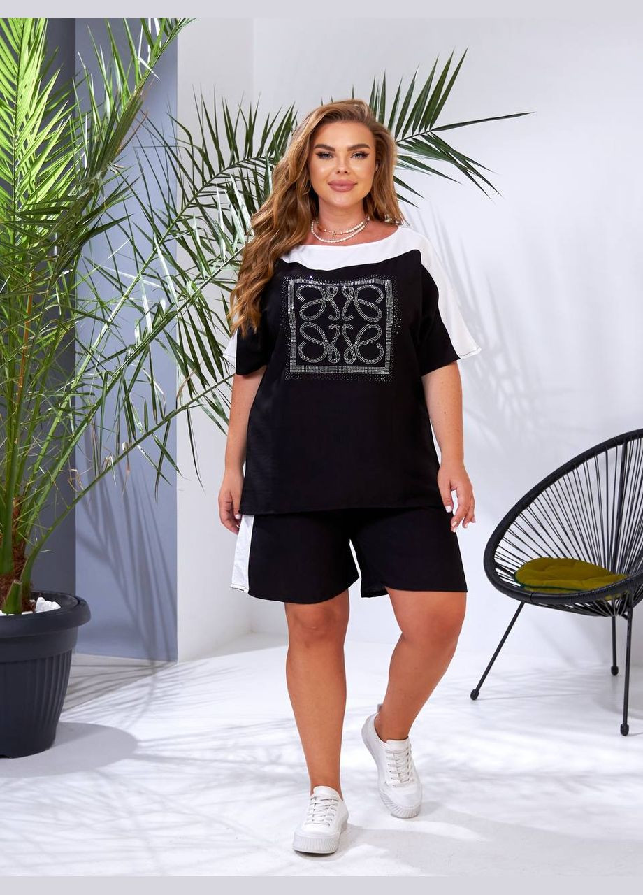 Костюм льон жатка шорти та футболка з камнями No Brand (333141151)