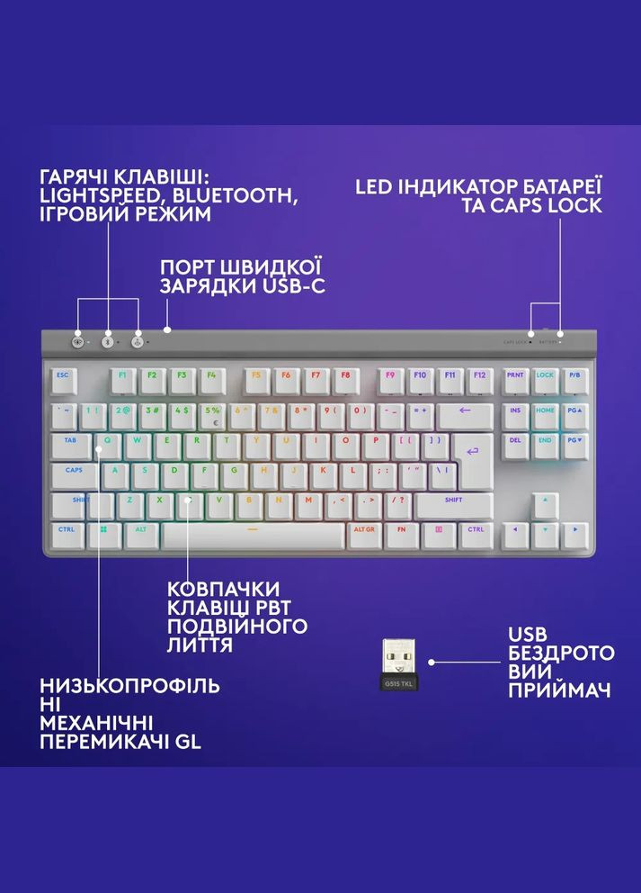 Клавiатура бездротова G515 Lightspeed TKL White (920-012539) Logitech (320826996)