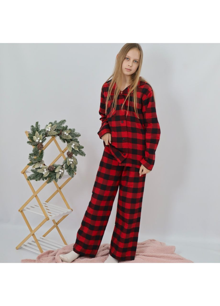 Червона зимня байкова тепла дитяча піжама в чорно-червону карту сорочка + штани кофта + брюки No Brand