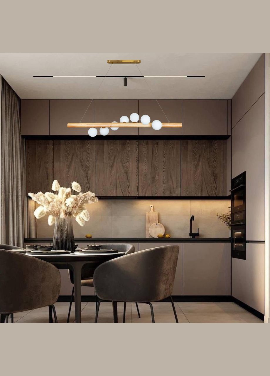 Деревянная люстра планка с белыми шарами на 7 ламп "Wood" (52-9783-7) No Brand (370070137)