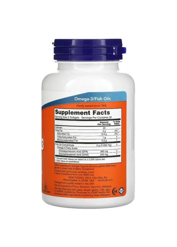 Омега 3, 180 мг EPA/120 мг DHA, 100 капсул Now Foods (302521184)